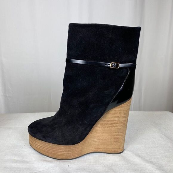 Chloe Crosta Suede Wood Platform Wedge Booties - Picture 3 of 5